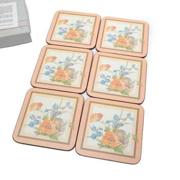 Vintage Pimpernel Acrylic Cork Coasters Peach Pastel Floral Made in England x 6 - Picture 2 of 10